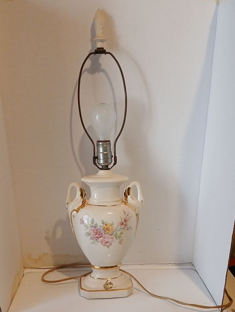 Vintage Mcm White Fine China 22k Gold Trim Lamp Pink and Yellow Floral Motif